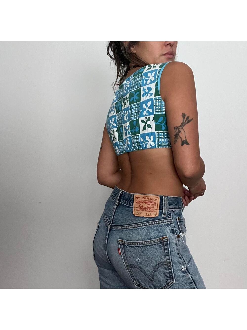 70s patchwork croptop blue and